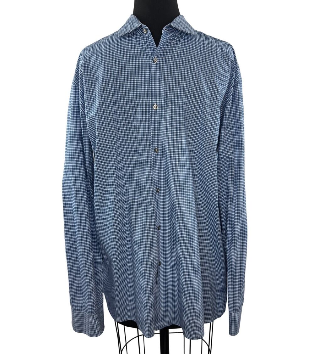 Hugo Boss Blue White Dress Shirt Mini-Plaid Stretch Slim Casual Formal Size 16.5